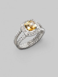 From the Albion Collection. A petite version of an elegant design, offering a faceted citrine, framed in diamonds, on a split cable band of sterling silver. Diamonds, 0.20 tcw Citrine Sterling silver About ¼ square Imported