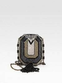 An Art Deco-inspired design with a unique shape encrusted in crystals.Detachable chain shoulder strap, 20 dropBeaded tassel accentPush clasp closureLeather lining5½W X 4H X 1½DMade in Italy An Art Deco-inspired design with a unique shape encrusted in crystals.Detachable chain shoulder strap, 20 dropBeaded tassel accentPush clasp closureLeather lining5½W X 4H X 1½DMade in Italy