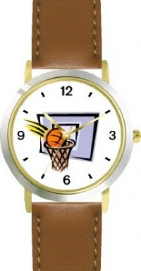 Basketball, Hoop, Backboard, Swish Basketball Theme - WATCHBUDDY® DELUXE TWO-TONE THEME WATCH - Arabic Numbers - Brown Leather Strap-Women's Size-Small Basketball, Hoop, Backboard, Swish Basketball Theme - WATCHBUDDY® DELUXE TWO-TONE THEME WATCH - Arabic Numbers - Brown Leather Strap-Women's Size-Small