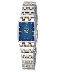 Break out with a blue motif. This Pulsar watch features a goldtone and silvertone bracelet and rectangular case. Blue dial with goldtone stick indices, logo and Roman numerals at six o'clock and twelve o'clock. Quartz analog movement. Water resistant to 30 meters. Three-year limited warranty. Break out with a blue motif. This Pulsar watch features a goldtone and silvertone bracelet and rectangular case. Blue dial with goldtone stick indices, logo and Roman numerals at six o'clock and twelve o'clock. Quartz analog movement. Water resistant to 30 meters. Three-year limited warranty.