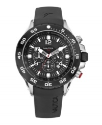 A substantial watch by Nautica that says you go big or go home. Black leather strap and round brushed silvertone mixed metal case. Black turning bezel with white numerals and tachymeter scale. Black chronograph dial features white stick indices and numerals, luminous minute and hour hands, red second hand, three subdials, date window and logo. Analog movement. Water resistant to 100 meters. Five-year limited warranty. A substantial watch by Nautica that says you go big or go home. Black leather strap and round brushed silvertone mixed metal case. Black turning bezel with white numerals and tachymeter scale. Black chronograph dial features white stick indices and numerals, luminous minute and hour hands, red second hand, three subdials, date window and logo. Analog movement. Water resistant to 100 meters. Five-year limited warranty.