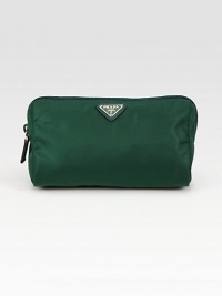 This soft, triangular-shaped design in signature nylon has a front logo hardware plate and a leather zipper pull. Zipper closure Inside zipper pocket Nylon lining 8W X 5H X 3½D Made in Italy This soft, triangular-shaped design in signature nylon has a front logo hardware plate and a leather zipper pull. Zipper closure Inside zipper pocket Nylon lining 8W X 5H X 3½D Made in Italy