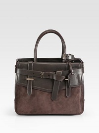 An elegant and sturdy style in smooth leather and soft suede, perfect for your essentials.Double top handles, 6 dropOpen topOne outside open pocketOne outside flap pocketTwo inside zip pocketsTwo inside open pocketsDetachable luggage tagCotton lining12¾W X 10H X 4DImported An elegant and sturdy style in smooth leather and soft suede, perfect for your essentials.Double top handles, 6 dropOpen topOne outside open pocketOne outside flap pocketTwo inside zip pocketsTwo inside open pocketsDetachable luggage tagCotton lining12¾W X 10H X 4DImported