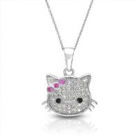 Bling Jewelry Micropave CZ Cool Kitty 925 Silver Girls Pendant Ruby Color Bow 16in