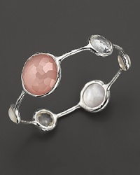 Alternating faceted stones in blush, clear quartz and mother-of-pearl bring a sweet flush to this sterling silver bangle. Alternating faceted stones in blush, clear quartz and mother-of-pearl bring a sweet flush to this sterling silver bangle.