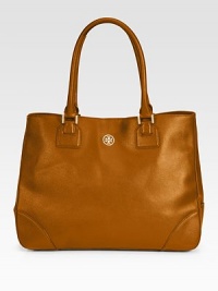 Simple, clean and classic, this roomy leather style features double top handles, side snaps, and a goldtone logo emblem on the front.Double top handles, 8 drop Magnetic snap closure Protective metal feet Two inside zip pockets Two inside open pockets Cotton lining 15½W X 12H X 5D Imported Simple, clean and classic, this roomy leather style features double top handles, side snaps, and a goldtone logo emblem on the front.Double top handles, 8 drop Magnetic snap closure Protective metal feet Two inside zip pockets Two inside open pockets Cotton lining 15½W X 12H X 5D Imported