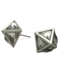 Get to the point with these sharp earrings from GUESS. The pyramid design adds sparkle with glass crystal accents. Crafted in imitation rhodium-plated mixed metal. Approximate diameter: 1/2 inch. Get to the point with these sharp earrings from GUESS. The pyramid design adds sparkle with glass crystal accents. Crafted in imitation rhodium-plated mixed metal. Approximate diameter: 1/2 inch.