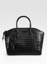 This bag features both structure and shine, in a roomy croc-skin carryall.Double top handles, 4¼ dropTop zip closureOne outside zip pocketProtective metal feetOne inside zip pocketTwo inside open pocketsSuede lining12½W X 10H X 5DImported This bag features both structure and shine, in a roomy croc-skin carryall.Double top handles, 4¼ dropTop zip closureOne outside zip pocketProtective metal feetOne inside zip pocketTwo inside open pocketsSuede lining12½W X 10H X 5DImported