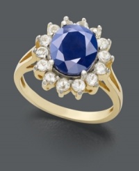 Feel like a princess every time you slip this ring on your finger. Inspired by royalty, this Victoria Townsend ring features a bright blue sapphire (3 ct. t.w.) surrounded by a halo of sparkling round-cut white topaz (7/8 ct. t.w.). Crafted in 18k gold over sterling silver. Size 7. Feel like a princess every time you slip this ring on your finger. Inspired by royalty, this Victoria Townsend ring features a bright blue sapphire (3 ct. t.w.) surrounded by a halo of sparkling round-cut white topaz (7/8 ct. t.w.). Crafted in 18k gold over sterling silver. Size 7.