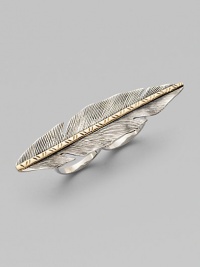 THE LOOKIntricate feather design Center edged with yellow gold vermeil Smooth double finger bandsTHE FITLength, about 2½THE MATERIAL14k gold Sterling silverORIGINImported THE LOOKIntricate feather design Center edged with yellow gold vermeil Smooth double finger bandsTHE FITLength, about 2½THE MATERIAL14k gold Sterling silverORIGINImported