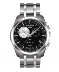 Classic presentation that won't go unnoticed during the passing of time, by Tissot. This Couturier collection watch features a stainless steel bracelet and round case. Black chronograph dial with applied silver tone stick indices, logo at twelve o'clock, date window at four o'clock, silver tone three hands, tachymeter scale and three subdials. Swiss quartz movement. Water resistant to 100 meters. Two-year limited warranty. Classic presentation that won't go unnoticed during the passing of time, by Tissot. This Couturier collection watch features a stainless steel bracelet and round case. Black chronograph dial with applied silver tone stick indices, logo at twelve o'clock, date window at four o'clock, silver tone three hands, tachymeter scale and three subdials. Swiss quartz movement. Water resistant to 100 meters. Two-year limited warranty.