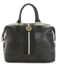 A classic bowler silhouette graced with signature goldtone hardware and a preppy stripe center. This flawless design by Tommy Hilfiger has what it takes to make this a staple of your handbag collection. A classic bowler silhouette graced with signature goldtone hardware and a preppy stripe center. This flawless design by Tommy Hilfiger has what it takes to make this a staple of your handbag collection.