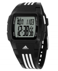 Iconic style and sporty durability by adidas. This watch features a black polyurethane strap and square polycarbonate case. Logo at bezel. Positive display digital dial with time, seconds, date, day and alarm. Quartz movement. Water resistant to 50 meters. Two-year limited warranty. Iconic style and sporty durability by adidas. This watch features a black polyurethane strap and square polycarbonate case. Logo at bezel. Positive display digital dial with time, seconds, date, day and alarm. Quartz movement. Water resistant to 50 meters. Two-year limited warranty.