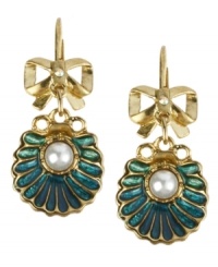 The pearl of the ocean. Betsey Johnson's chic green oyster earrings are accented by a glass pearl center. Set in antique gold tone mixed metal with a bow-topped post with small crystal accent. Approximate drop: 1-1/2 inches. The pearl of the ocean. Betsey Johnson's chic green oyster earrings are accented by a glass pearl center. Set in antique gold tone mixed metal with a bow-topped post with small crystal accent. Approximate drop: 1-1/2 inches.