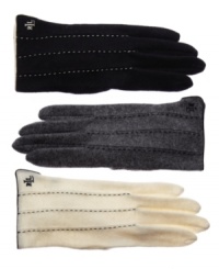 A stitch in time. Stylish cashmere blend gloves gain chic dimension from contrast stitching. By Lauren by Ralph Lauren. A stitch in time. Stylish cashmere blend gloves gain chic dimension from contrast stitching. By Lauren by Ralph Lauren.