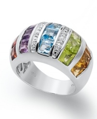 Radiating color. Citrine (9/10 ct. t.w.), blue topaz (1-1/3 ct. t.w.), peridot (1-9/10 ct. t.w.), amethyst (9/10 ct. t.w.), garnet (1-1/3 ct. t.w.) and diamond accents create a dazzling effect on this elegant ring when set in smooth sterling silver. Size 7. Radiating color. Citrine (9/10 ct. t.w.), blue topaz (1-1/3 ct. t.w.), peridot (1-9/10 ct. t.w.), amethyst (9/10 ct. t.w.), garnet (1-1/3 ct. t.w.) and diamond accents create a dazzling effect on this elegant ring when set in smooth sterling silver. Size 7.