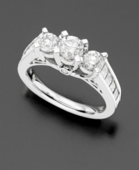 Three round-cut diamonds flanked by channel-set princess cut diamonds (2 ct. t.w.) for unparalleled elegance. Set in 14k white gold. Three round-cut diamonds flanked by channel-set princess cut diamonds (2 ct. t.w.) for unparalleled elegance. Set in 14k white gold.