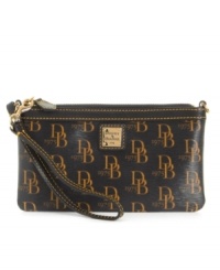 Zip it! The handy little wristlet purse by Dooney & Bourke secures your essential cards, cash, and keys on its own, or use the hook to attach it inside a larger bag. Zip it! The handy little wristlet purse by Dooney & Bourke secures your essential cards, cash, and keys on its own, or use the hook to attach it inside a larger bag.