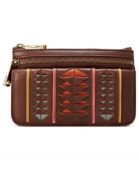 Add an artisanal feel to your accessory wardrobe with this laid-back leather clutch from Fossil. The perforated pattern reveals a pretty punch of color, while plenty of card slots and zip pockets keep your essentials safe and secure. Add an artisanal feel to your accessory wardrobe with this laid-back leather clutch from Fossil. The perforated pattern reveals a pretty punch of color, while plenty of card slots and zip pockets keep your essentials safe and secure.