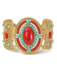 Nod to nautical-inspired style with this ornate coral and turquoise cuff bracelet from Carolee. Resist the urge to stack, this color-pop piece is a true soloist. Nod to nautical-inspired style with this ornate coral and turquoise cuff bracelet from Carolee. Resist the urge to stack, this color-pop piece is a true soloist.