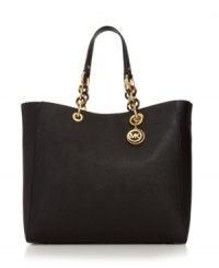A classic look from MICHAEL Michael Kors that will keep your style chic for seasons to come. 18K gold hardware, chain embellished straps and a signature charm provide the perfect polished accents. A classic look from MICHAEL Michael Kors that will keep your style chic for seasons to come. 18K gold hardware, chain embellished straps and a signature charm provide the perfect polished accents.