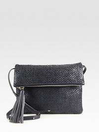 This beautiful textured, woven leather style features zippered pocket in the flap and a convenient detachable strap.Detachable adjustable shoulder strap, 13-23¾ dropFlap closure with zip compartmentLarge tassel zipper pullOne inside zip pocketOne inside open pocketCotton lining11¾W X 8½H X 1DImported This beautiful textured, woven leather style features zippered pocket in the flap and a convenient detachable strap.Detachable adjustable shoulder strap, 13-23¾ dropFlap closure with zip compartmentLarge tassel zipper pullOne inside zip pocketOne inside open pocketCotton lining11¾W X 8½H X 1DImported