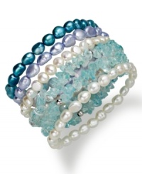 Splash yourself with ocean color. Fresh by Honora's vibrant 6-piece bracelet set features white, sky blue and teal Baroque cultured freshwater pearls (6-7 mm), as well as blue quartz stones (33 ct. t.w.). Bracelets set in sterling silver and Lycra cord. Approximate length: 7-1/4 inches to 7-1/2 inches.