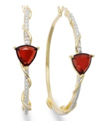 Classic earrings get a sparkly update. Victoria Townsend's stunning hoop earrings feature trilliant-cut garnet (6 ct. t.w.) and sparkling diamond accents in 18k gold over sterling silver. Approximate diameter: 1-3/4 inches. Classic earrings get a sparkly update. Victoria Townsend's stunning hoop earrings feature trilliant-cut garnet (6 ct. t.w.) and sparkling diamond accents in 18k gold over sterling silver. Approximate diameter: 1-3/4 inches.
