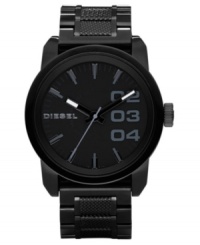 Step up the style with this sleek Diesel watch. Black ion-plated stainless steel bracelet and round case, 49mm. Black dial with gray stick indices and logo. Quartz movement. Water resistant to 100 meters. Two-year limited warranty. Step up the style with this sleek Diesel watch. Black ion-plated stainless steel bracelet and round case, 49mm. Black dial with gray stick indices and logo. Quartz movement. Water resistant to 100 meters. Two-year limited warranty.