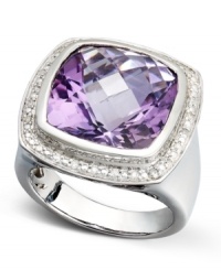 Add a little life to your look with stunning gemstones from Brasil. This cushion-cut ring highlights a luminous amethyst (9-1/2 ct. t.w.) surrounded by a ring of round-cut diamonds (1/10 ct. t.w.). Set in sterling silver. Size 7. Add a little life to your look with stunning gemstones from Brasil. This cushion-cut ring highlights a luminous amethyst (9-1/2 ct. t.w.) surrounded by a ring of round-cut diamonds (1/10 ct. t.w.). Set in sterling silver. Size 7.