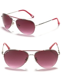 Colorful style is represented in these sleek rimless aviator sunglasses with gradient lenses, contrast top bar and contrast ear pieces. Colorful style is represented in these sleek rimless aviator sunglasses with gradient lenses, contrast top bar and contrast ear pieces.