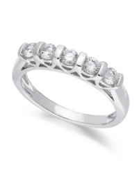 Five perfect pops of sparkle will complement her engagement ring perfectly. Crafted in 14k white gold, this five-stone band features certified round-cut diamonds (1/2 ct. t.w.). Five perfect pops of sparkle will complement her engagement ring perfectly. Crafted in 14k white gold, this five-stone band features certified round-cut diamonds (1/2 ct. t.w.).