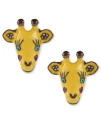 Scale new heights. Betsey Johnson's antique gold tone mixed metal giraffe stud earrings feature yellow and brown detailing and crystal accents. Approximate diameter: 3/4 inch. Scale new heights. Betsey Johnson's antique gold tone mixed metal giraffe stud earrings feature yellow and brown detailing and crystal accents. Approximate diameter: 3/4 inch.
