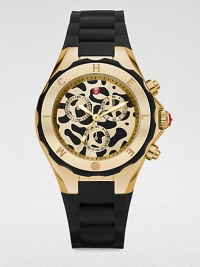 From the Tahitian Jelly Bean Collection. A technical timepiece with a fun animal print dial and a sporty silicone strap. Quartz movementWater resistant to 5 ATMRound 18k goldplated stainless steel case, 40mm (1.6) Logo engraved bezelAnimal printed chronograph dialSecond hand Black silicone strapImported From the Tahitian Jelly Bean Collection. A technical timepiece with a fun animal print dial and a sporty silicone strap. Quartz movementWater resistant to 5 ATMRound 18k goldplated stainless steel case, 40mm (1.6) Logo engraved bezelAnimal printed chronograph dialSecond hand Black silicone strapImported
