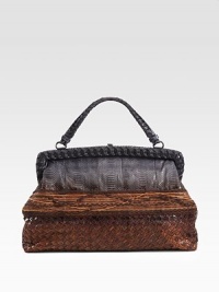 The beauty of Italian craftsmanship is evident in this ombre style with a luxurious woven python base, a threaded center and a patched top.Top handles, 4½ dropHinged, top clasp closureOne inside zip pocketSuede lining15W X 9H X 4DMade in Italy The beauty of Italian craftsmanship is evident in this ombre style with a luxurious woven python base, a threaded center and a patched top.Top handles, 4½ dropHinged, top clasp closureOne inside zip pocketSuede lining15W X 9H X 4DMade in Italy