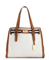 A timeless look with a sporty edge. This luxe design from Tommy Hilfiger features a classic shape with preppy striped detail and elegant touches of polished signature hardware. A timeless look with a sporty edge. This luxe design from Tommy Hilfiger features a classic shape with preppy striped detail and elegant touches of polished signature hardware.