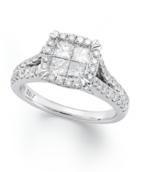 For the moment that will last a lifetime, this stunning Princess Treasures' engagement ring features four princess-cut diamonds at center, a halo of smaller round-cut diamonds and diamonds set in a chic split band design (total 1-3/4 ct. t.w.). Crafted in 14k white gold. For the moment that will last a lifetime, this stunning Princess Treasures' engagement ring features four princess-cut diamonds at center, a halo of smaller round-cut diamonds and diamonds set in a chic split band design (total 1-3/4 ct. t.w.). Crafted in 14k white gold.