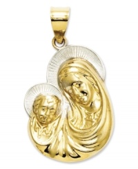 As symbolic as it is endearing, this intricate mother and infant charm features a 14k gold setting with sterling silver halo accents. Chain not included. Approximate length: 9/10 inch. Approximate width: 1/2 inch. As symbolic as it is endearing, this intricate mother and infant charm features a 14k gold setting with sterling silver halo accents. Chain not included. Approximate length: 9/10 inch. Approximate width: 1/2 inch.