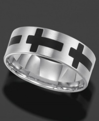 This titanium ring by Triton modernizes the traditional cross design with a black resin coating. The inside is slightly rounded for a comfortable fit. Approximate band width: 8 mm. Sizes 8-15. This titanium ring by Triton modernizes the traditional cross design with a black resin coating. The inside is slightly rounded for a comfortable fit. Approximate band width: 8 mm. Sizes 8-15.