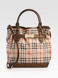 An iconic, haymarket check print on coated canvas accented with chic metallic leather trim and radiant hardware.Double leather top handles, 5½ dropDetachable adjustable leather shoulder strap, 20-22½ dropOpen topProtective metal feetThree inner compartmentsOne inside zip pocketTwo inside open pocketsCotton lining12W X 13H X 6½DImported An iconic, haymarket check print on coated canvas accented with chic metallic leather trim and radiant hardware.Double leather top handles, 5½ dropDetachable adjustable leather shoulder strap, 20-22½ dropOpen topProtective metal feetThree inner compartmentsOne inside zip pocketTwo inside open pocketsCotton lining12W X 13H X 6½DImported