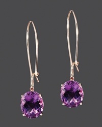 Checkerboard amethyst gleams in 14K rose gold settings. Checkerboard amethyst gleams in 14K rose gold settings.