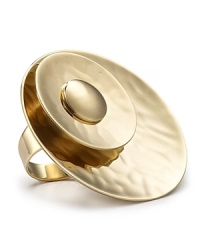 Hammered stacked discs sit atop this gleaming plated gold ring from Robert Lee Morris Soho, forming an edgy glam statement. Hammered stacked discs sit atop this gleaming plated gold ring from Robert Lee Morris Soho, forming an edgy glam statement.