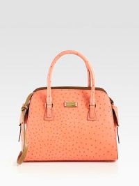 A structured design in luxurious ostrich stamped leather with radiant hardware.Double top handles, 5¼ dropDetachable adjustable shoulder strap, 19-20½ dropTop zip closureProtective metal feetTwo outside flap pocketsOne inside zip pocketTwo inside open pocketsLeather lining13W X 9½H X 6¼DImported A structured design in luxurious ostrich stamped leather with radiant hardware.Double top handles, 5¼ dropDetachable adjustable shoulder strap, 19-20½ dropTop zip closureProtective metal feetTwo outside flap pocketsOne inside zip pocketTwo inside open pocketsLeather lining13W X 9½H X 6¼DImported