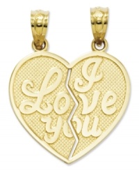 Share this special charm with a loved one. This unique break-apart heart charm features the words I Love You split down the middle. Crafted in 14k gold. Chain not included. Approximate length: 1 inch. Approximate width: 3/4 inch. Share this special charm with a loved one. This unique break-apart heart charm features the words I Love You split down the middle. Crafted in 14k gold. Chain not included. Approximate length: 1 inch. Approximate width: 3/4 inch.