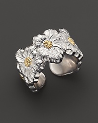 Delicate gardenias, captured at the height of their beauty in sterling silver and 18K yellow gold, bloom on this ring from Buccellati. Delicate gardenias, captured at the height of their beauty in sterling silver and 18K yellow gold, bloom on this ring from Buccellati.