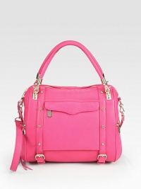 Beautiful pebbled leather with shiny hardware and a convenient shoulder strap, the perfect carryall.Detachable double top handles, 6 dropDetachable shoulder strap, 15-18 dropTop zip closureOne outside zip pocket under flapTwo side zip pocketsOne outside open pocketStud and buckle detailsOne inside zip pocketTwo inside open pocketsFully lined11W X 10¼H X 5DImported Beautiful pebbled leather with shiny hardware and a convenient shoulder strap, the perfect carryall.Detachable double top handles, 6 dropDetachable shoulder strap, 15-18 dropTop zip closureOne outside zip pocket under flapTwo side zip pocketsOne outside open pocketStud and buckle detailsOne inside zip pocketTwo inside open pocketsFully lined11W X 10¼H X 5DImported
