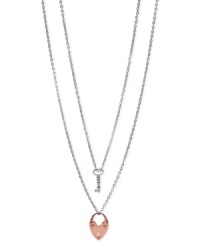 Fossil has the key to your heart with this double-chain pendant. The necklaces, crafted from silver-tone stainless steel, feature a key pendant and a heart one, crafted from rose gold-tone metal. Approximate length, key necklace: 17 inches. Approximate length, heart necklace: 18 inches + 2-inch extender. Fossil has the key to your heart with this double-chain pendant. The necklaces, crafted from silver-tone stainless steel, feature a key pendant and a heart one, crafted from rose gold-tone metal. Approximate length, key necklace: 17 inches. Approximate length, heart necklace: 18 inches + 2-inch extender.