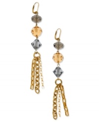Three is a magic number. T Tahari brings three different accents together to top this set of earrings featuring chains in triplicate, crafted from 14k gold-plated, nickel-free base metal. Approximate drop: 4-1/4 inches. Three is a magic number. T Tahari brings three different accents together to top this set of earrings featuring chains in triplicate, crafted from 14k gold-plated, nickel-free base metal. Approximate drop: 4-1/4 inches.