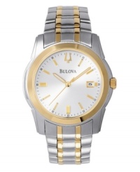 Complement his classic taste with this extraordinary, two-tone stainless steel bracelet watch. Features a crisp white dial with goldtone bezel and markers. Three-hand movement and date display. Water resistant to 30 meters. Three-year limited warranty. Complement his classic taste with this extraordinary, two-tone stainless steel bracelet watch. Features a crisp white dial with goldtone bezel and markers. Three-hand movement and date display. Water resistant to 30 meters. Three-year limited warranty.