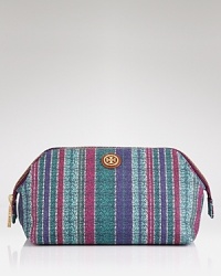 A free-spirited vibe informs this Tory Burch cosmetics case, which is detailed with hippie-chic stripes and a subtle logo medallion. It's a boho beauty. A free-spirited vibe informs this Tory Burch cosmetics case, which is detailed with hippie-chic stripes and a subtle logo medallion. It's a boho beauty.